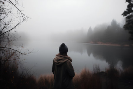 A young man standing in front of a lake in a foggy dayの素材