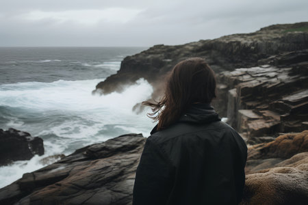 A young woman looking at the sea from the cliff. Stormy weather.の素材