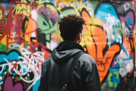 Young african american man with curly hair in a black leather jacket against a colorful graffiti wallの素材