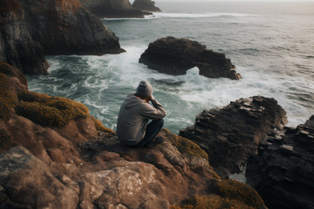 Man sitting on cliff and looking at ocean waves. Traveler enjoying view of ocean.の素材