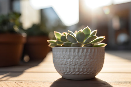 Succulent plant in pot on wooden table with sun light.の素材