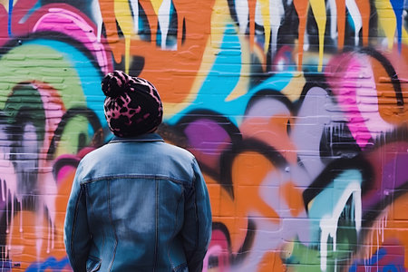 young hipster man in front of graffiti wall, urban street styleの素材