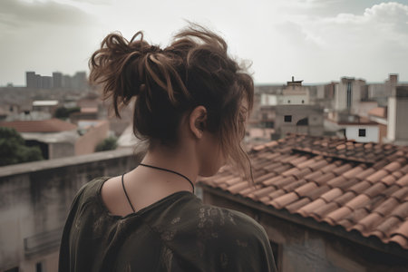 Young woman with hair fluttering in the wind looking at the cityの素材