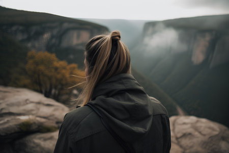 Young woman standing on top of a mountain and looking at the valleyの素材