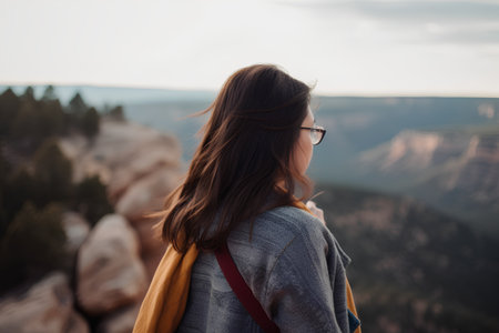 Young woman hiker looking at sunset over the Grand Canyon in Arizonaの素材