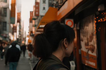 Japanese woman walking in Shinjuku, Tokyo, Japan. Shallow depth of field.の素材