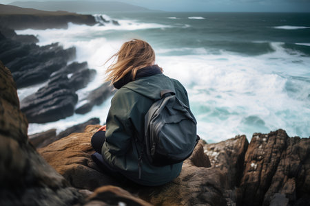 Young woman sitting on a rock by the sea looking at the wavesの素材