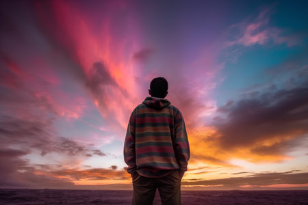 Man looking at the sunset over the sea and the sky with cloudsの素材