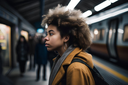 young beautiful afro american woman with curly hair in the city subway stationの素材