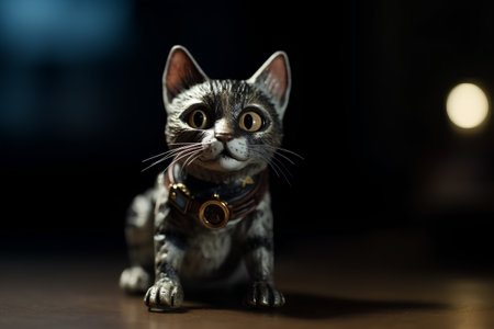 Cat figurine on a dark background. Selective focus, shallow depth of field.の素材