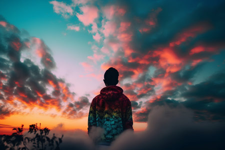 Man looking at beautiful sunset over the clouds. The concept of freedomの素材