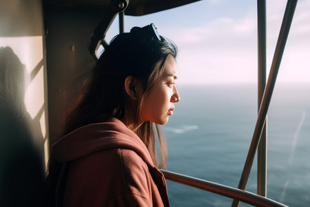 Portrait of a beautiful asian woman looking out of the window of a cruise shipの素材