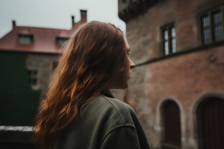 Portrait of a red-haired girl in a green coat on the background of an old castleの素材