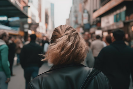 Back view of a young woman in a black leather jacket walking in the cityの素材