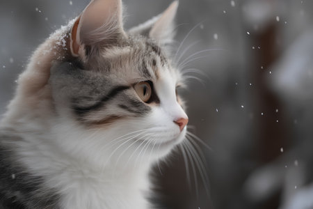 Portrait of a cat in the winter on a background of snowの素材