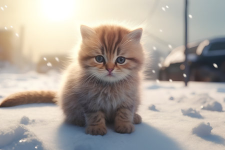 Siberian kitten in the snow on a background of winter landscapeの素材