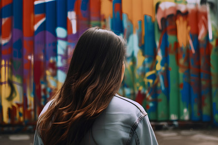 Young woman with long brown hair in front of colorful graffiti wall.の素材