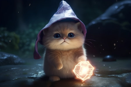 Cute ginger kitten in a witch's hat with a magic ballの素材