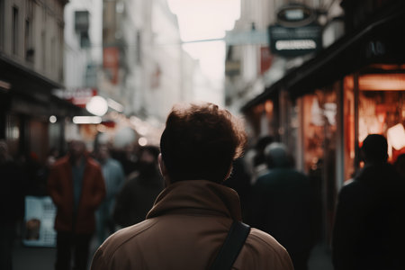 Back view of a young man walking along a narrow street in London.の素材