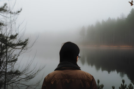 A young man in a brown jacket looking at a misty lake.の素材