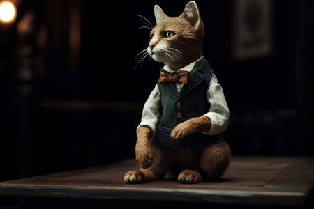 Cute ginger cat with bow tie sitting on a wooden table in a dark roomの素材