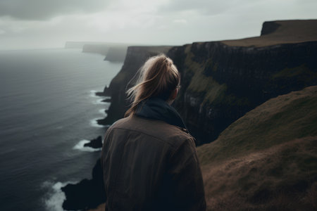 A young woman looking out over the cliffs of Moher in County Clare, Irelandの素材