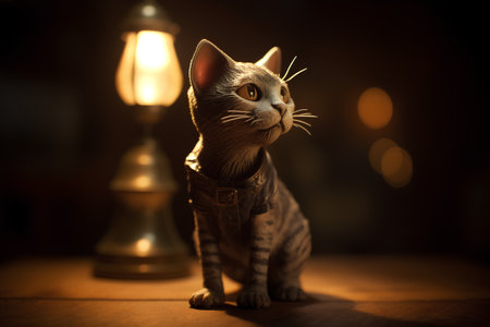 Cat sitting in front of a lamp and looking at the camera.の素材