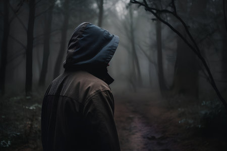 Mysterious foggy forest with silhouette of a man in hoodの素材