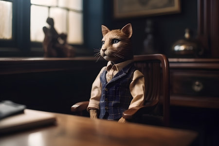 cat sitting in a chair at a table in a restaurant, vintage styleの素材