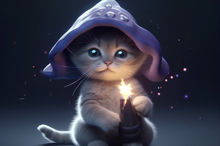 Cute kitten in a witch hat with a magic wand on a dark backgroundの素材