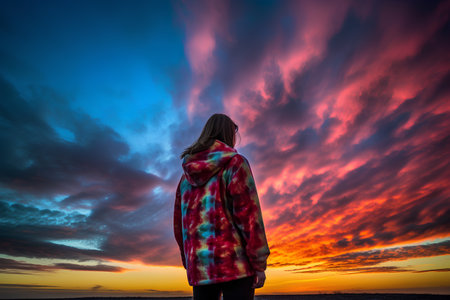 Young woman looking at a beautiful sunset in the sky with clouds.の素材