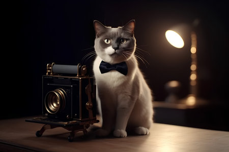 Beautiful cat with old camera on a dark background. Retro styleの素材