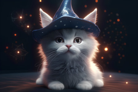 Funny kitten in a blue carnival hat on a dark backgroundの素材