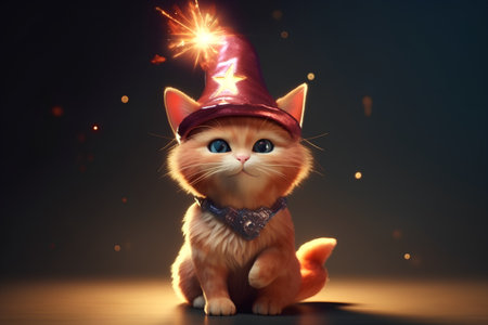 Cute cat in carnival hat with sparkler on dark backgroundの素材