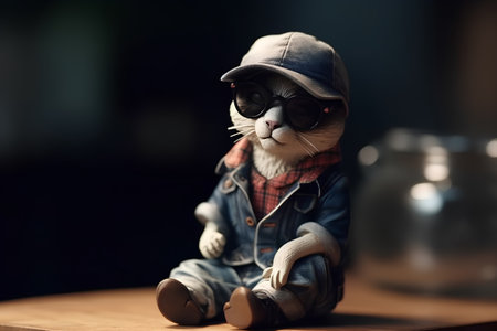 toy cat with sunglasses and cap sitting on a wooden table.の素材