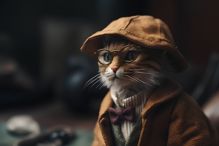 Funny cat wearing a hat and glasses in a vintage style.の素材