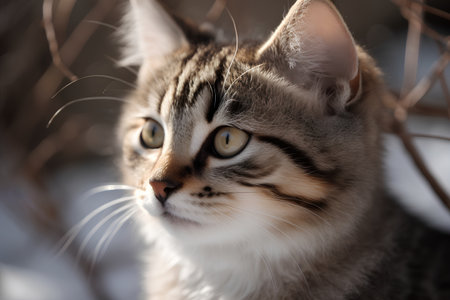 Portrait of a striped kitten in the winter forest. Close-up.の素材