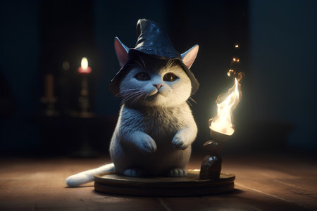 Cute cat in a witch's hat with a burning candle on a dark backgroundの素材