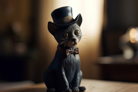 Black cat in a hat and bow tie on a wooden table.の素材