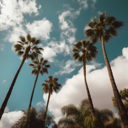 Palm trees against the blue sky with clouds. Vintage style.の素材