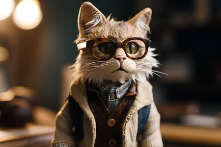 Cute cat wearing glasses and a warm jacket on a dark backgroundの素材