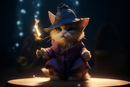 ginger cat in a witch costume with a magic wand on a dark backgroundの素材