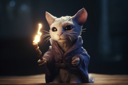 Portrait of a cat in a blue cloak with a torch.の素材