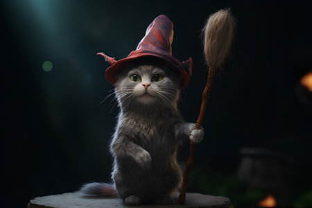 Cute cat in witch's hat and broomstick on dark backgroundの素材
