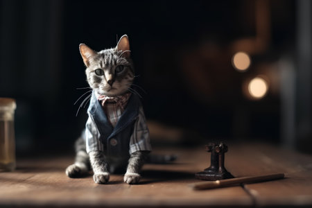 Cat in a bow tie with a chess piece on a wooden tableの素材