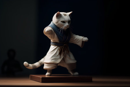 Kung fu master with white cat on a dark background. Copy space.の素材
