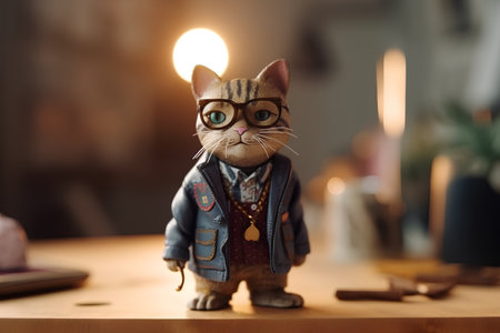 Hipster cat with glasses and biker jacket standing in cafeの素材