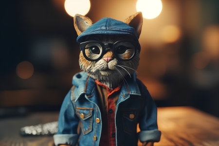 Hipster cat wearing a denim jacket and sunglasses. Retro style.の素材