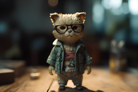 Cute cat figurine with glasses on wooden table in coffee shopの素材