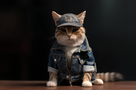 Fashionable cat in a blue denim jacket and a cap.の素材